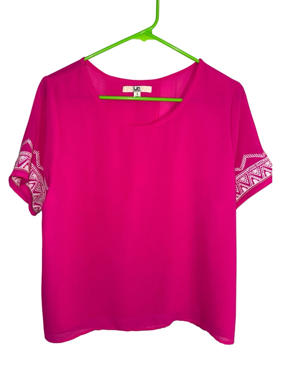 Ya Los Angeles Silk Split Back Hot Pink, Boho Top, Embroidered Sleeve Trim Nwot